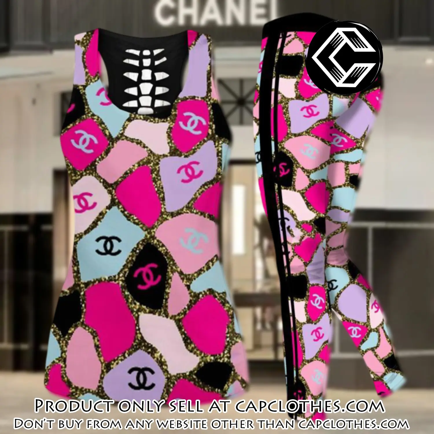 Chanel pink tank top leggings set luxury brand for women yoga gym cc5653762